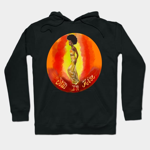 Still I’ll rise -multi coloured colored background - black girl with Afro hair, shimmering gold dress and dark brown skin side profile. Hoodie by Artonmytee